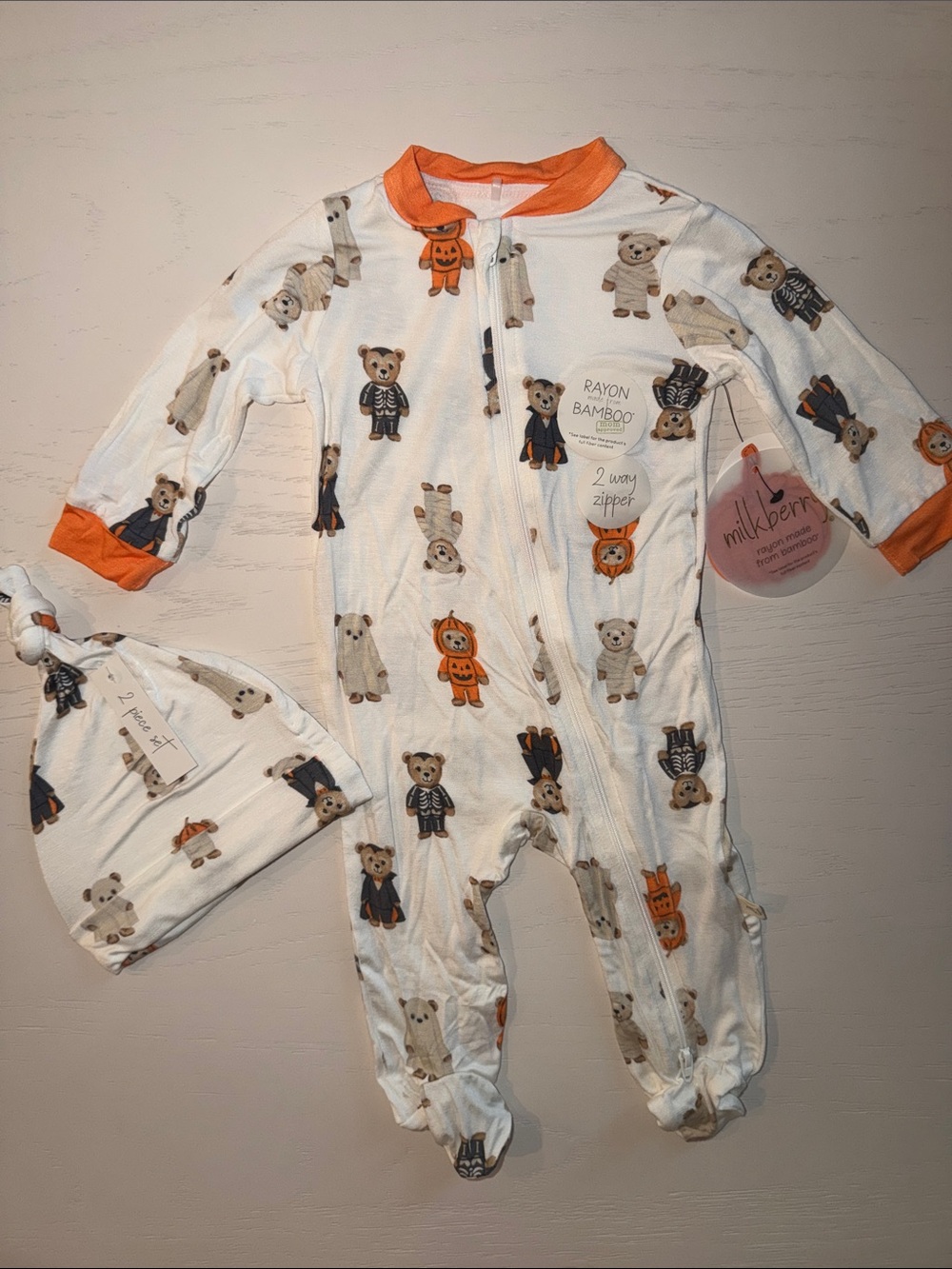 Milkberry Halloween Costume Teddy Bear Footie with Hat 0-3 3-6 6-9 months